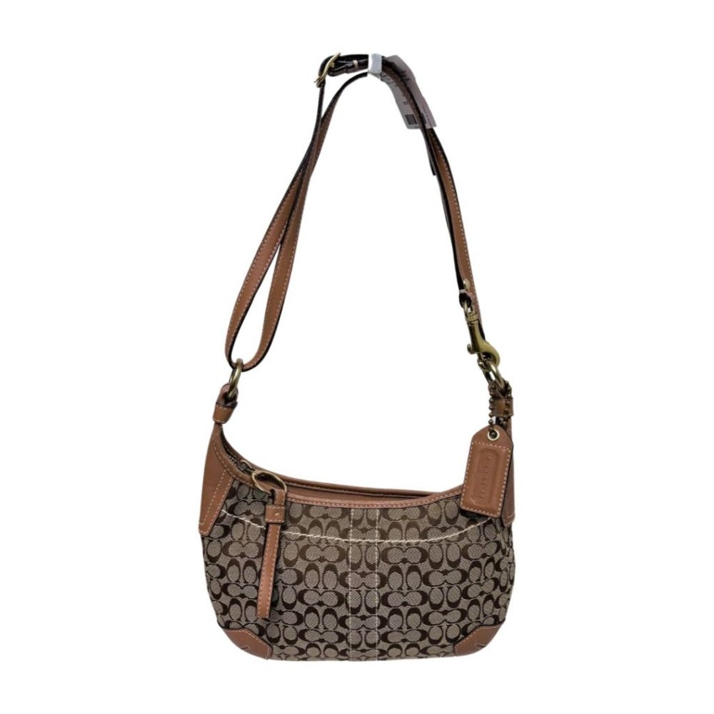 Coach Jacquard Logo Zip Top Baguette Convertible Shoulder Bag Brown
